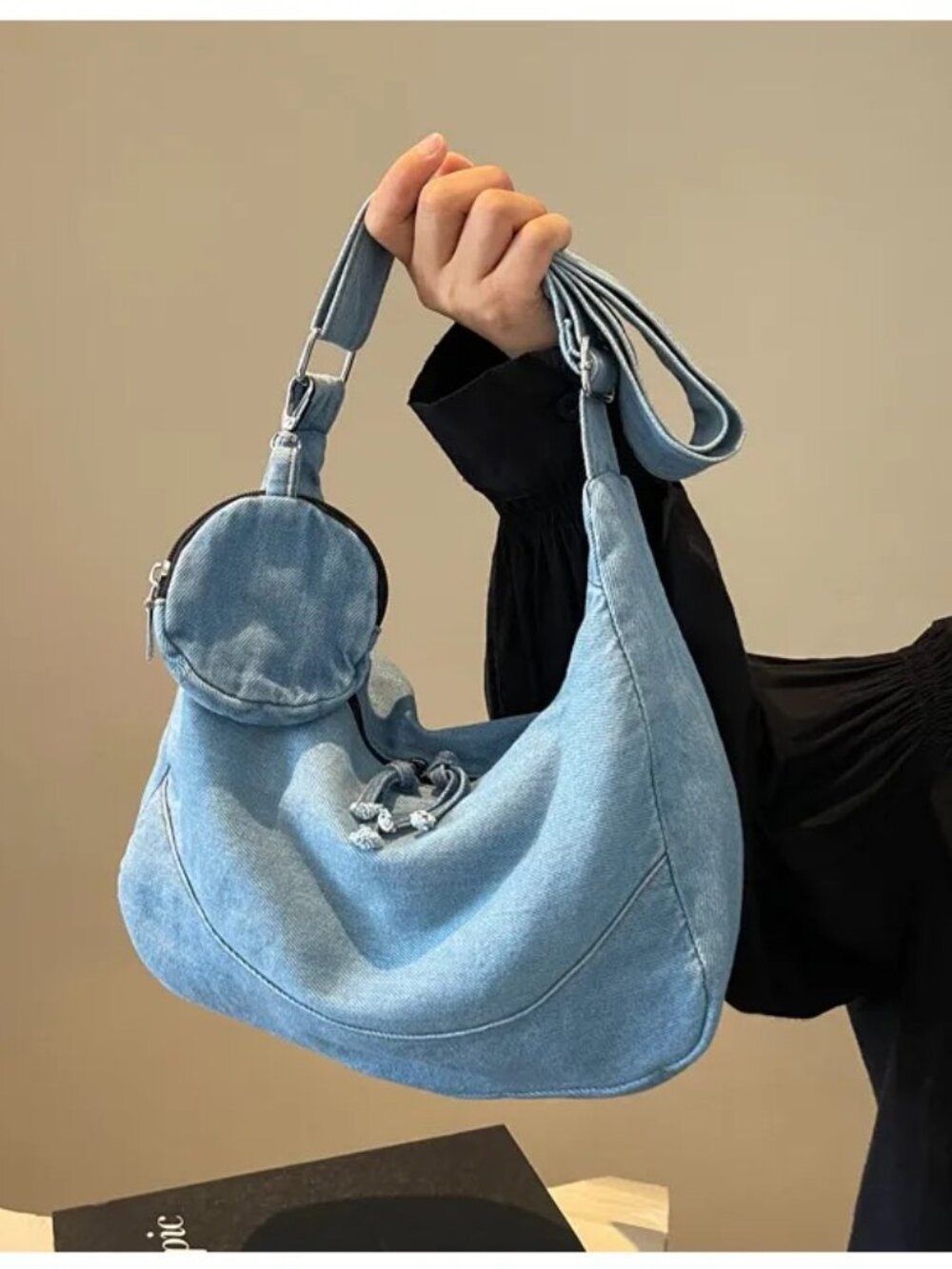 Women's Classic Denim Patchwork Crossbody Shoulder Bag Set, Light Blue